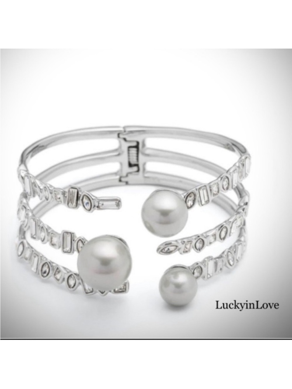 ALEXIS BITTAR• NEW Silver Crystal Floating White Pearl Stack Hinge Cuff Bracelet